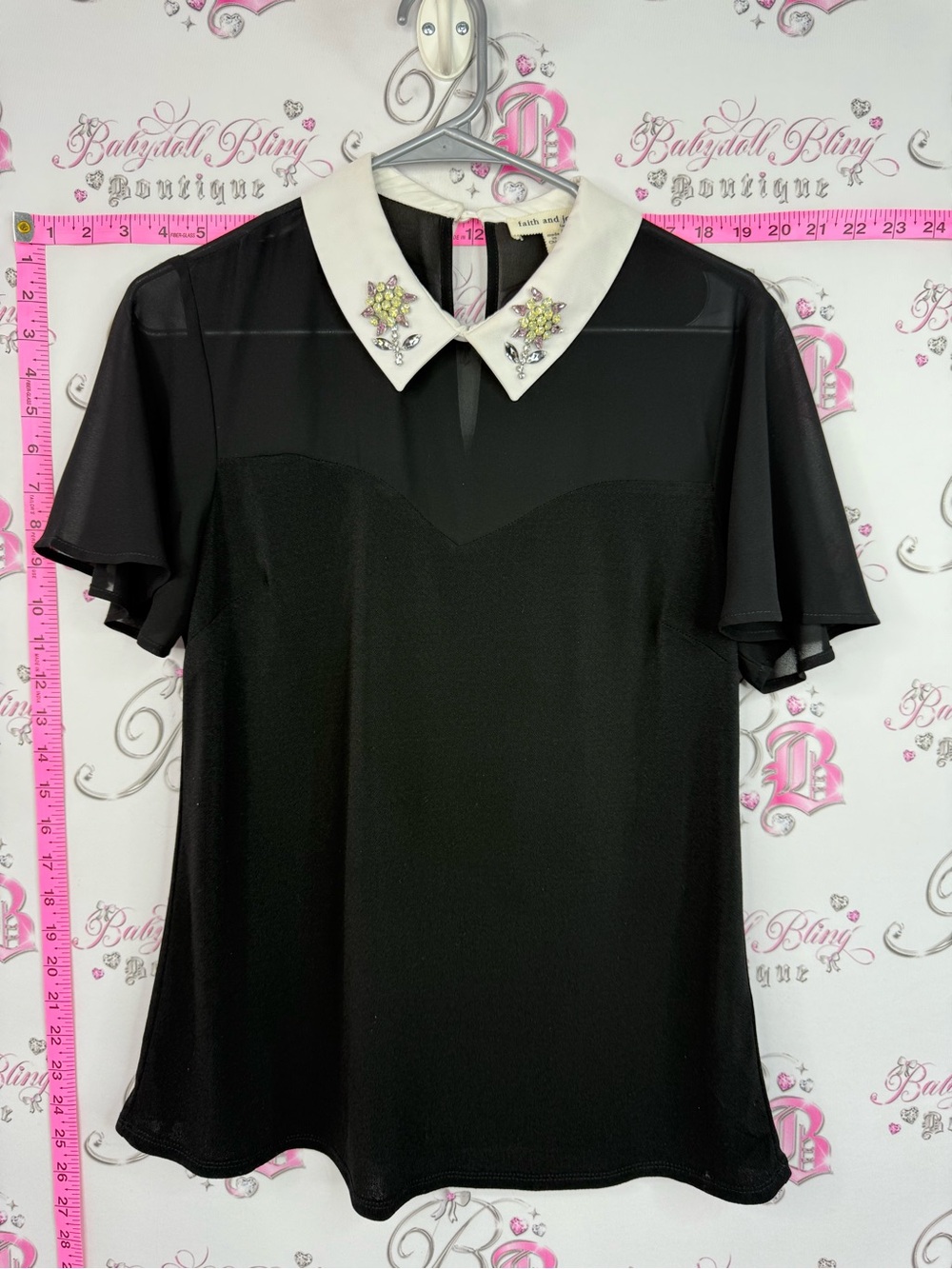 Faith and Joy Black Blouse with White Embellished Peter Pan Collar